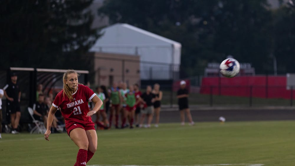 Senior midfielder Sofia Black crosses the ball against Morehead State, August 24, 2023. Indiana tied the University of Tennessee 2-2 Thursday night.