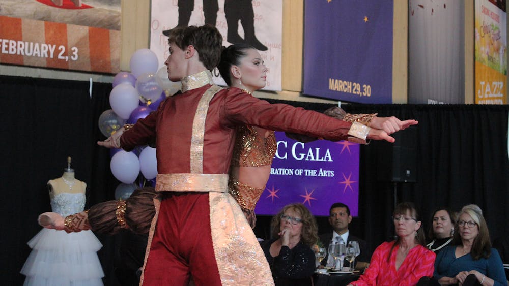 Jacobs School of Music junior Kelly Gleason and sophomore Bryan Gregory, who both major in ballet theater, perform &quot;Arabian Dance&quot; from Sasha Janes&#x27; upcoming production of &quot;The Nutcracker&quot; during the MAC Gala on Sept. 16, 2023, in the Musical Arts Center lobby. The event highlighted not only the Jacobs School of Music, but also their extensive partnerships with the IU Cinema, Department of Theatre, Drama and Contemporary Dance, the Eskenazi Museum of Art, the Kinsey Institute and the Lilly Library. 