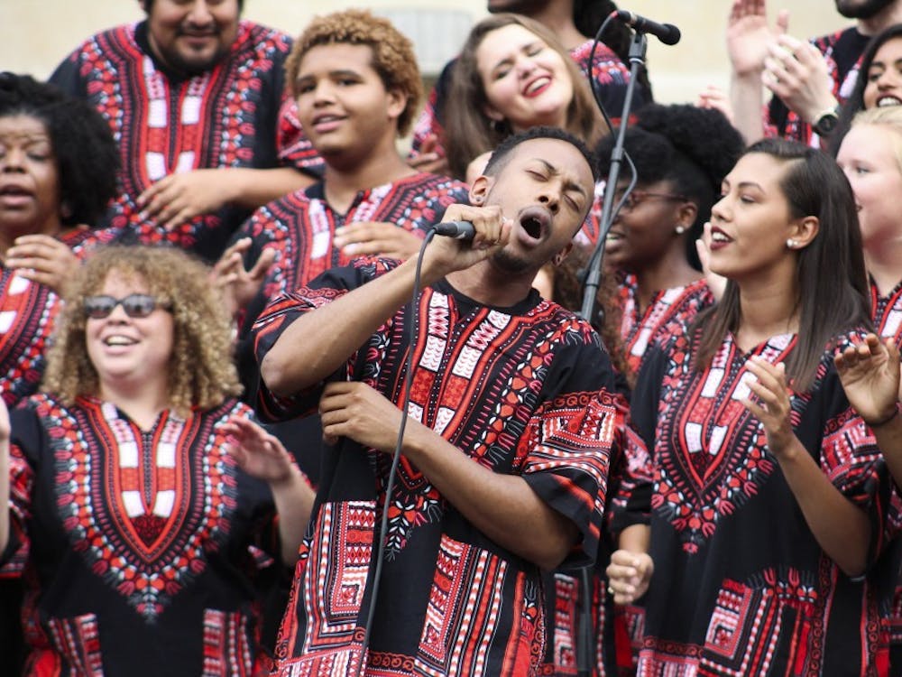 The African American Choral Ensemble performs as part of the First Thursdays festival on Thursday evening at the Fine Arts Plaza.