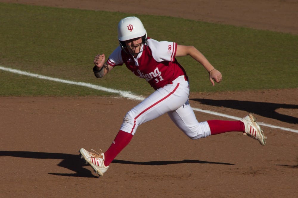 <p>Then-junior Rebecca Blitz, now a senior, runs on the base paths at Andy Mohr Field during a game in the 2017 spring season. The Hoosiers lost all five games at the Kajikawa Classic this weekend.</p>