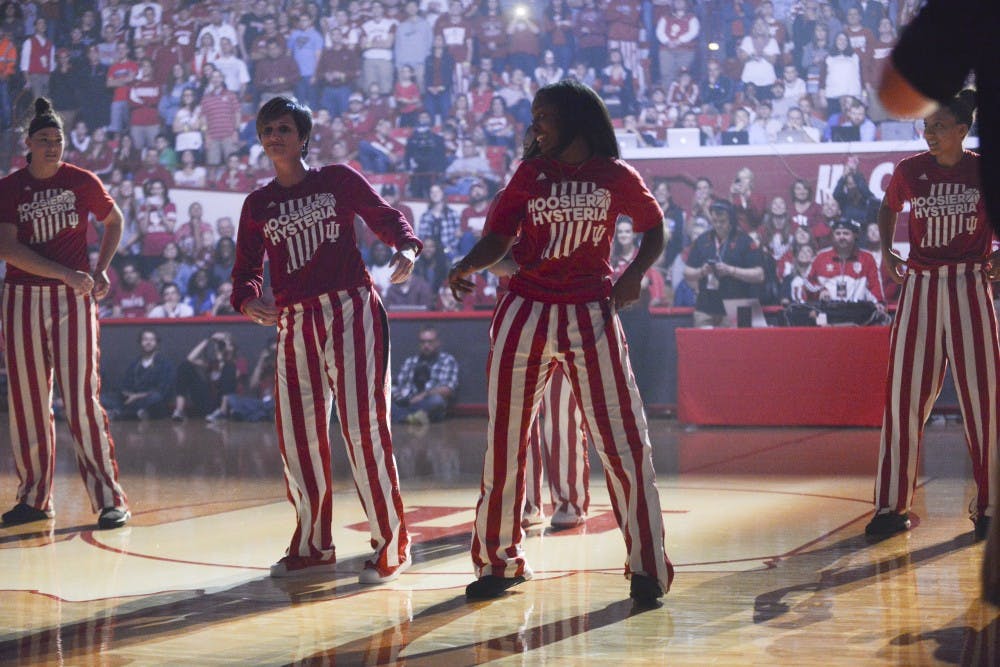 Coach Teri Moren and sophomore Tia Elbert dance to" Watch Me (Whip/Nae Nae)" during Hoosier Hysteria on Saturday evening at Assembly Hall.