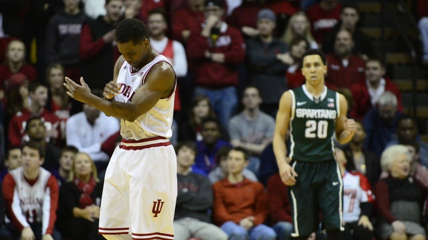 Junior guard Kevin "Yogi" Ferrell reacts after missing a three-pointer during the final minute of IU's game against Michigan State on Saturday at Assembly Hall. Ferrell scored 21 points in the 74-72 loss to the Spartans.