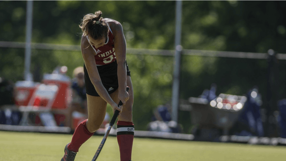 Graduate back Elle Hempt takes a shot during a match against Northwestern on Sept. 14 at the IU Field Hockey Complex. IU is 4-11 on the season.