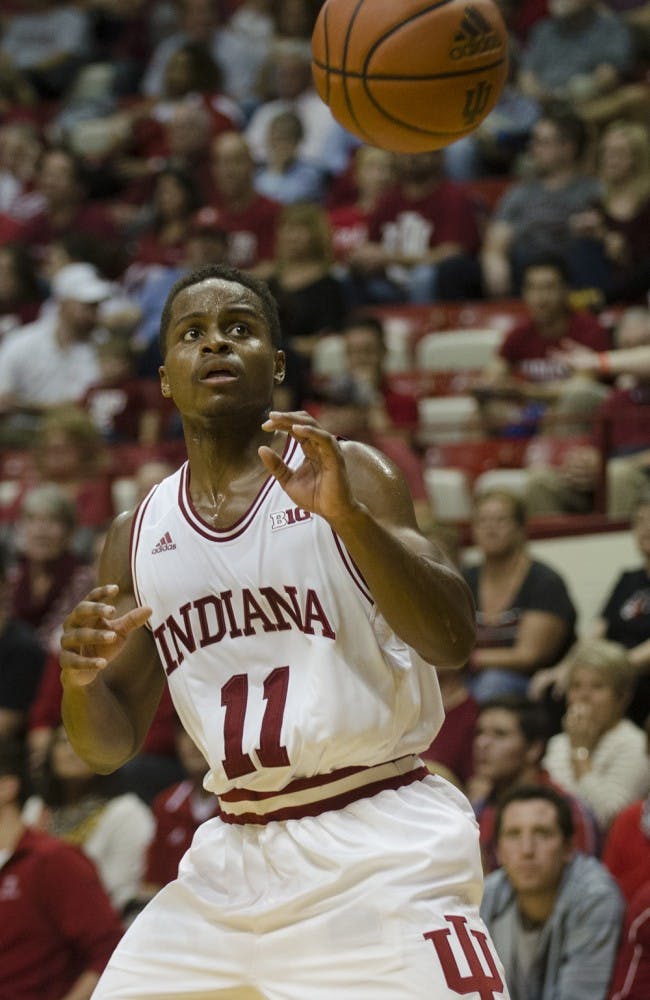Senior guard Kevin "Yogi" Ferrell catches a pass during IU's exhibition game against Ottawa on Tuesday at Assembly Hall. The Hoosiers won 82-54.