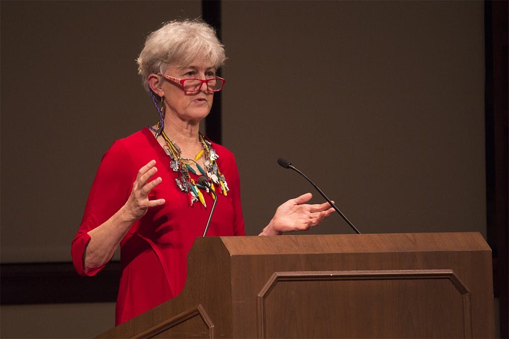 Economist Nancy Folbre talks about monsters in economic discourse during her lecture “Monsters of the Economic: Inequality, Fear and Loathing in America” on Tuesday night in Franklin Hall. 