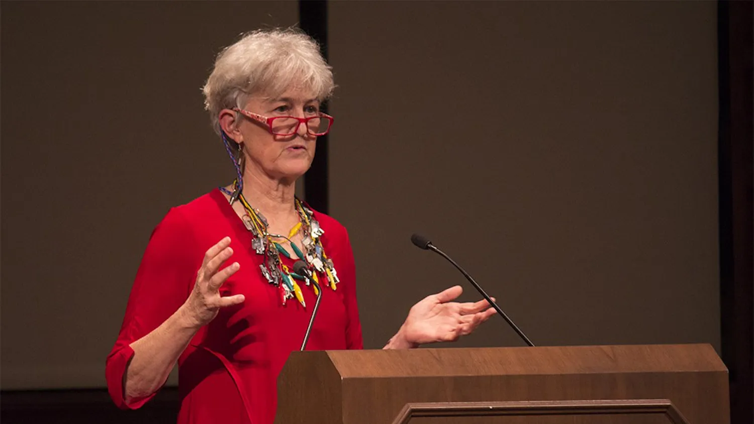 Economist Nancy Folbre talks about monsters in economic discourse during her lecture “Monsters of the Economic: Inequality, Fear and Loathing in America” on Tuesday night in Franklin Hall.