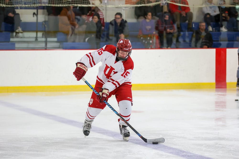 <p>Then-junior forward Carter Bonecutter controls the puck during Indiana&#x27;s club hockey team game against the University of Kentucky on Nov. 20, 2021, at Frank Southern Ice Arena in Bloomington. Indiana defeated Concordia University Wisconsin 7-2 on Friday.</p>