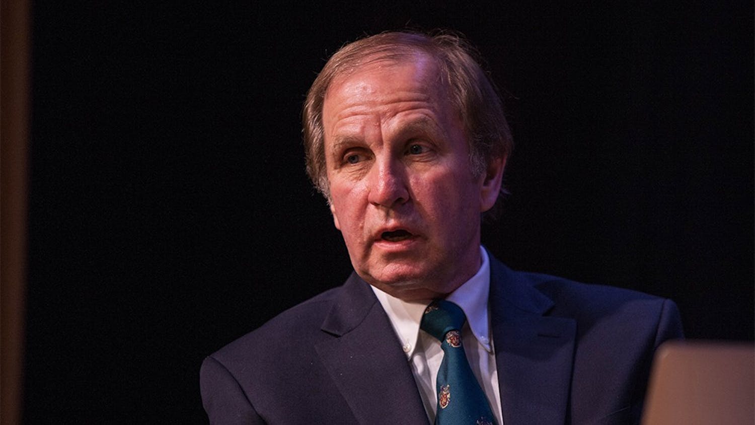 Terry English addresses a question from an audience memeber at the first board meeting of the new charter school Seven oaks. The meeting took place on Tuesday night at the Monroe County Public Library.