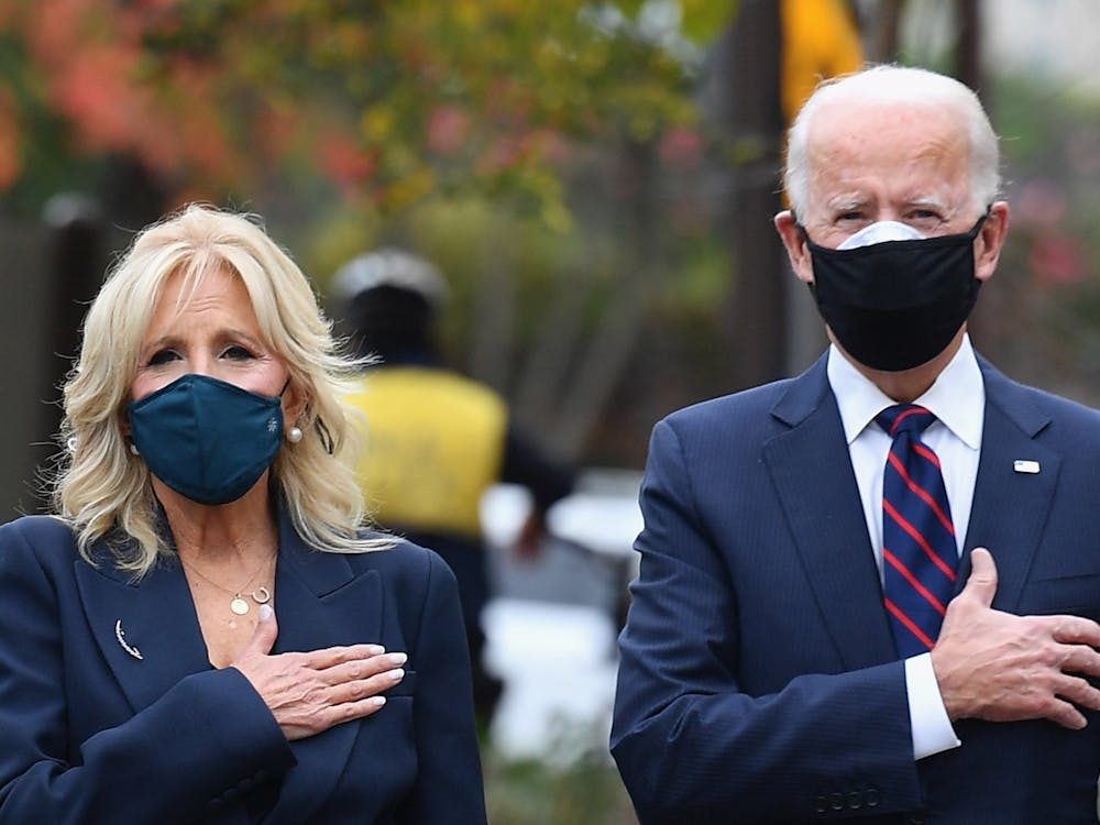 President-elect Joe Biden and his wife Jill Biden pay their respects during a Veterans Day stop at the Korean War Memorial Park in Philadelphia on Wednesday, Nov. 11, 2020.
