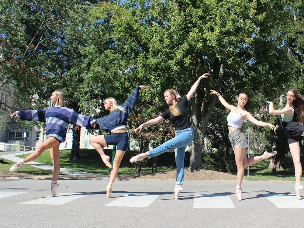 The freshman members of Bloomington Ballet Ensemble dance on campus for a club photoshoot. BBE will showcase their skills at the next First Thursdays event Oct. 6 at IU’s arts plaza. 