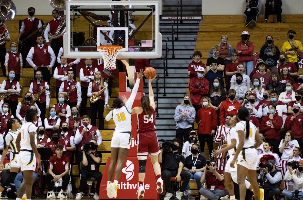 <p>Junior forward Mackenzie Holmes makes a layup against Norfolk State University on Nov. 16, 2021 in Simon Skjodt Assembly Hall. Holmes scored 22 points in Indiana women&#x27;s basketball&#x27;s 72-42 win.</p>