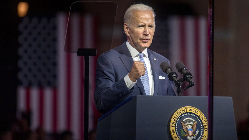 President Biden gestures as he ends his speech at Independence Hall on Sept. 1, 2022, in Philadelphia. An Indiana resident filed a lawsuit Tuesday in the U.S. District Court for the Southern District of Indiana against President Biden’s student loan forgiveness program. 
