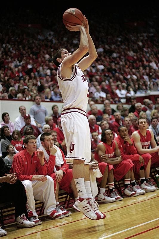 Freshman guard Matt Roth launches a 3-point shot from the corner during the Hoosiers 93-81 loss to Ohio State Saturday afternoon at Assembly Hall. Roth scored a career high 29 points shooting 9 of 11 from beyond the arc tying the IU single-game record.