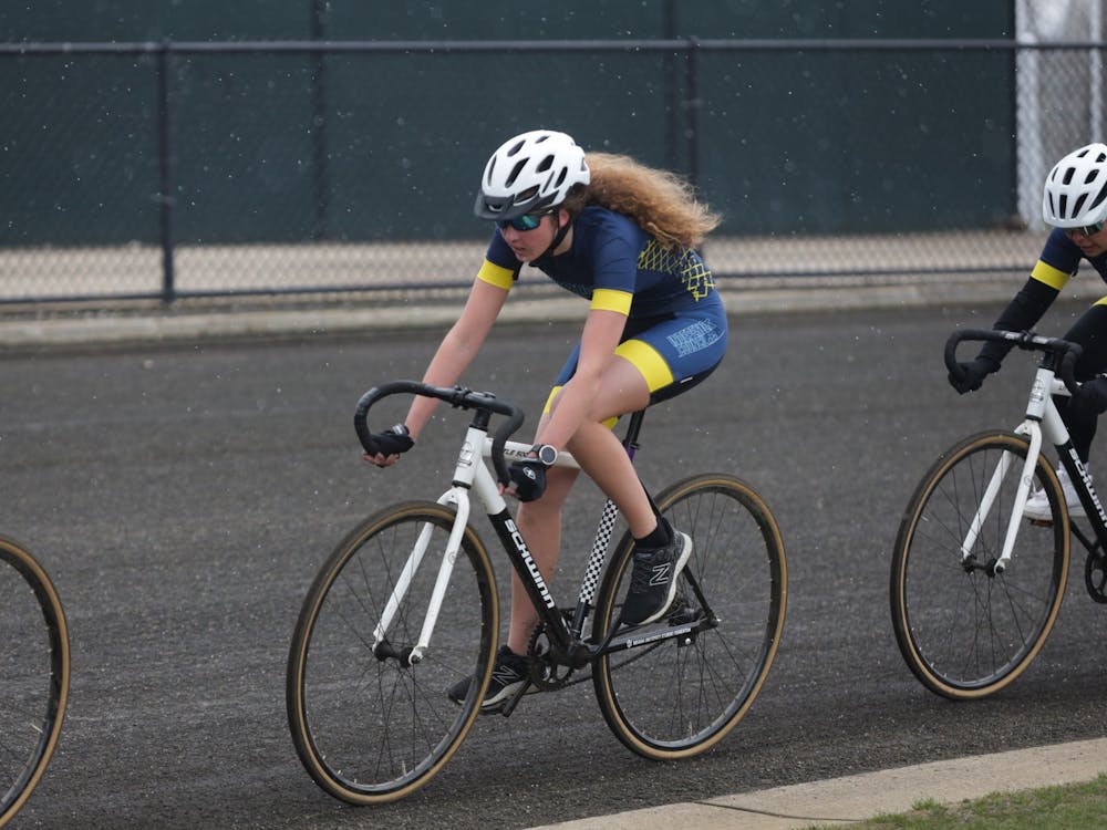 The cyclists from the Independent Council Cycling team compete in Team Pursuits on April 9, 2022, at Bill Armstrong Stadium. Independent Council Cycling raced against Alpha Omicron Pi. 