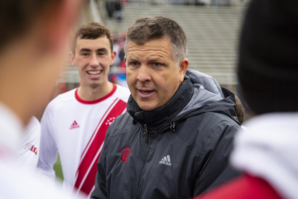 <p>Coach Todd Yeagley talks to his team after IU defeated the University of Connecticut in the second round of the NCAA Tournament on Nov. 18, 2020, at Bill Armstrong Stadium. Yeagley won the Big Ten Best Coach of the Year award Friday.</p>