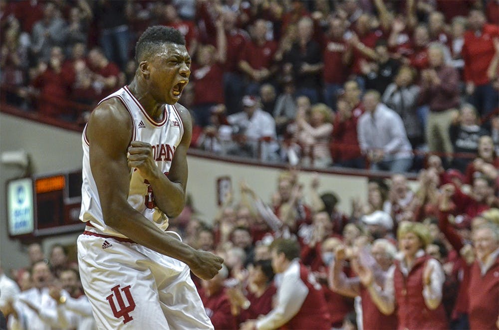 Freshman center Thomas Bryant celebrates after Maryland's shot clock expired on Sunday at the Assembly Hall. The Hoosiers won 80-62. 

