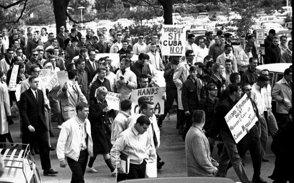 Students gather in protest of the U.S. involvement in the Cuban Missile Crisis.