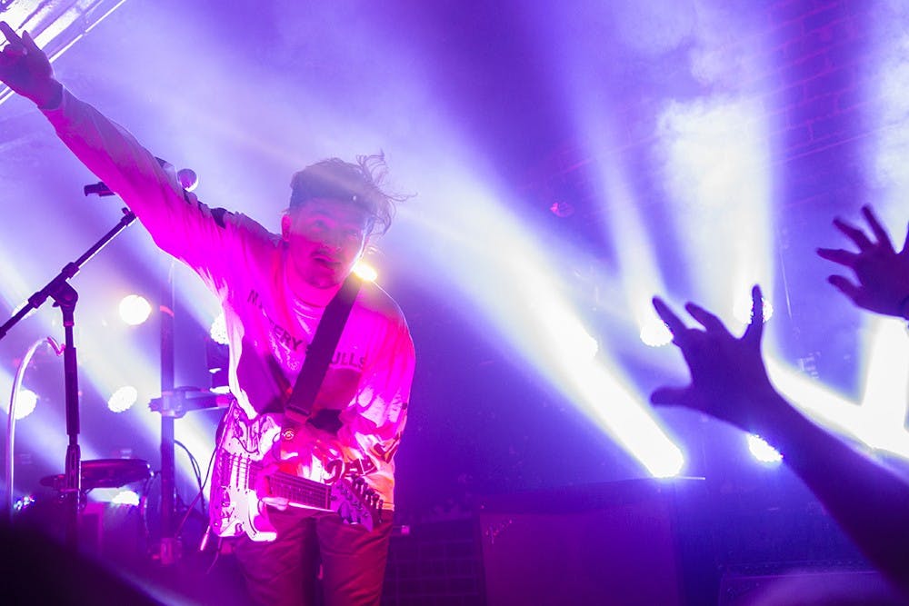 Cherub lead singer Jordan Kelley leans out towards his fans at the Bluebird on Thursday. The Nashville based band was touring with opening acts Carousel and ProbCause.