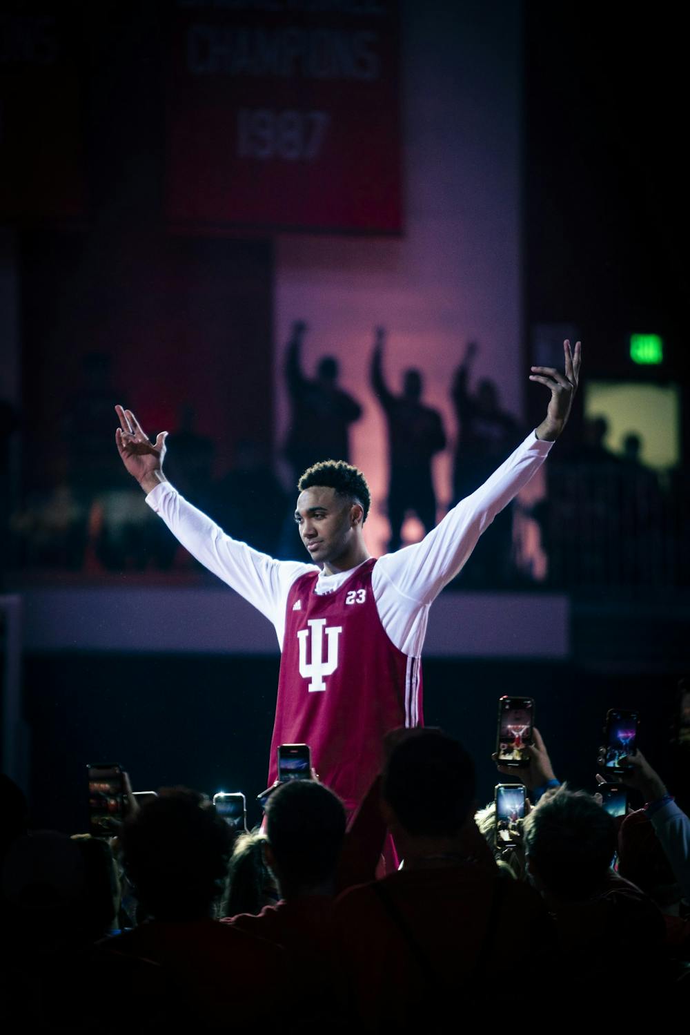 <p>Senior forward Trayce Jackson-Davis takes the stage during his introduction at Simon Skjodt Assembly Hall for Hoosier Hysteria on Oct. 7, 2022. The men&#x27;s basketball team will begin the season with an exhibition against Marian University at 3 p.m. Oct. 29 at Assembly Hall.</p>