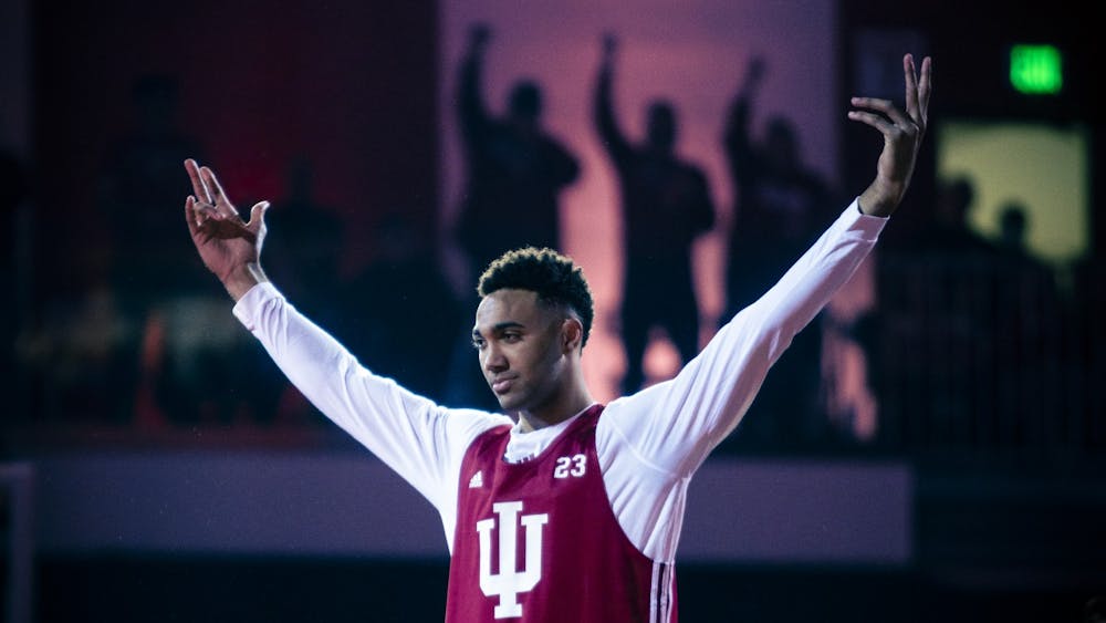 Senior forward Trayce Jackson-Davis takes the stage during his introduction at Simon Skjodt Assembly Hall for Hoosier Hysteria on Oct. 7, 2022. The men&#x27;s basketball team will begin the season with an exhibition against Marian University at 3 p.m. Oct. 29 at Assembly Hall.