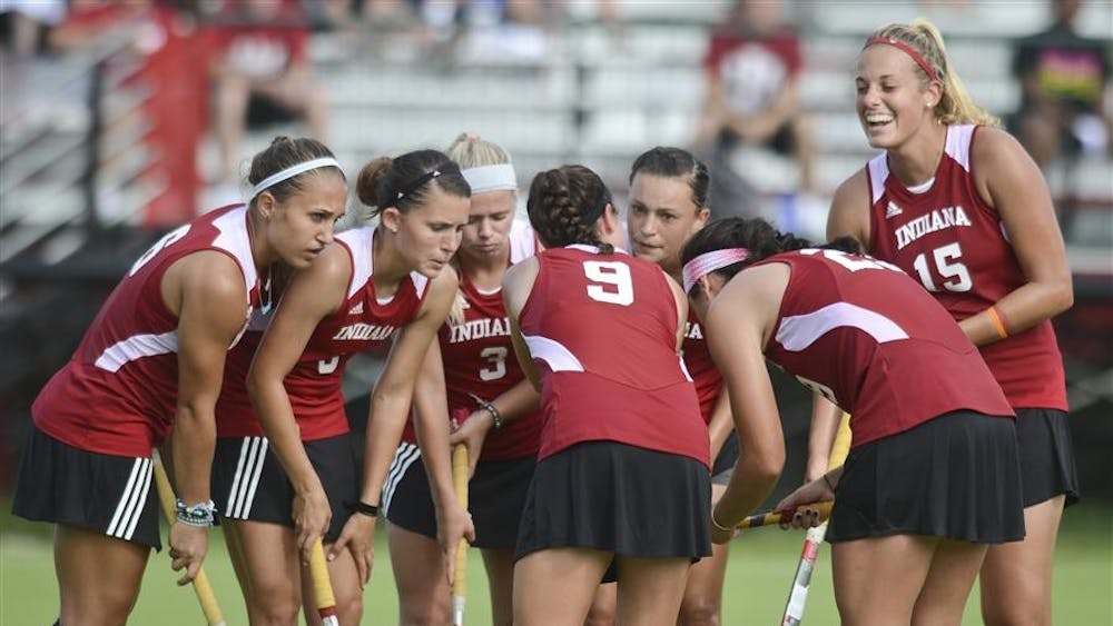 The IU field hockey team huddles together during their 5-1 win against Missouri State Friday at the IU Field Hockey Complex .