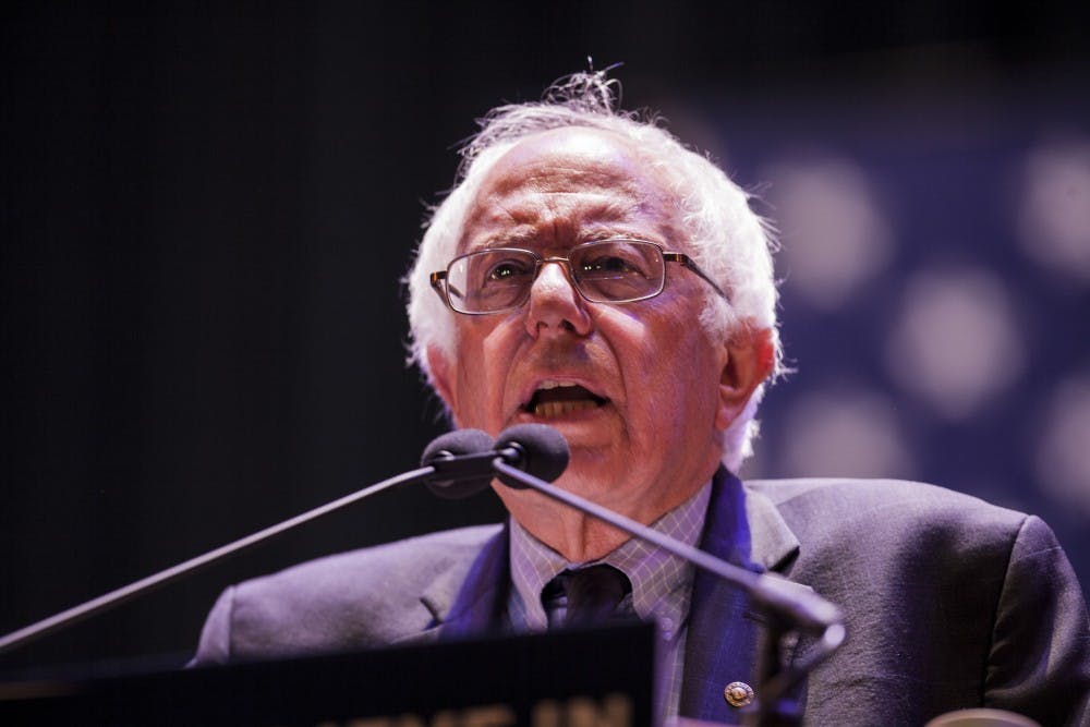 Bernie Sanders fires up students at a rally Wednesday.  The IU auditorium was filled to capacity. 