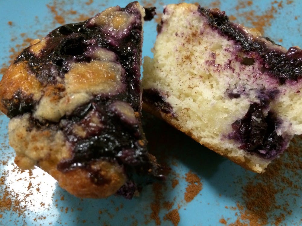 Blueberry muffins pair well with a cup of coffee.