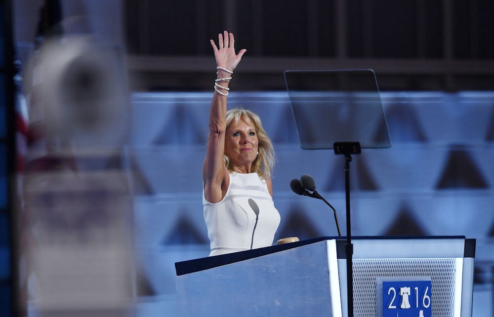 <p>Jill Biden speaks on the third day of the Democratic National Convention on July 27, 2016, at the Wells Fargo Center in Philadelphia. </p>