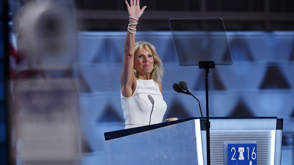 Jill Biden speaks on the third day of the Democratic National Convention on July 27, 2016, at the Wells Fargo Center in Philadelphia. 