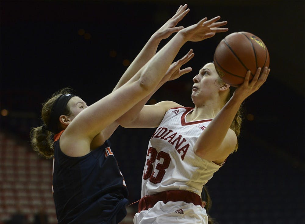 Sophomore foward Amanda Cahill shoots a layup during the game against Illinois on Wednesday at Assembly Hall. The Hoosiers won, 68-66.