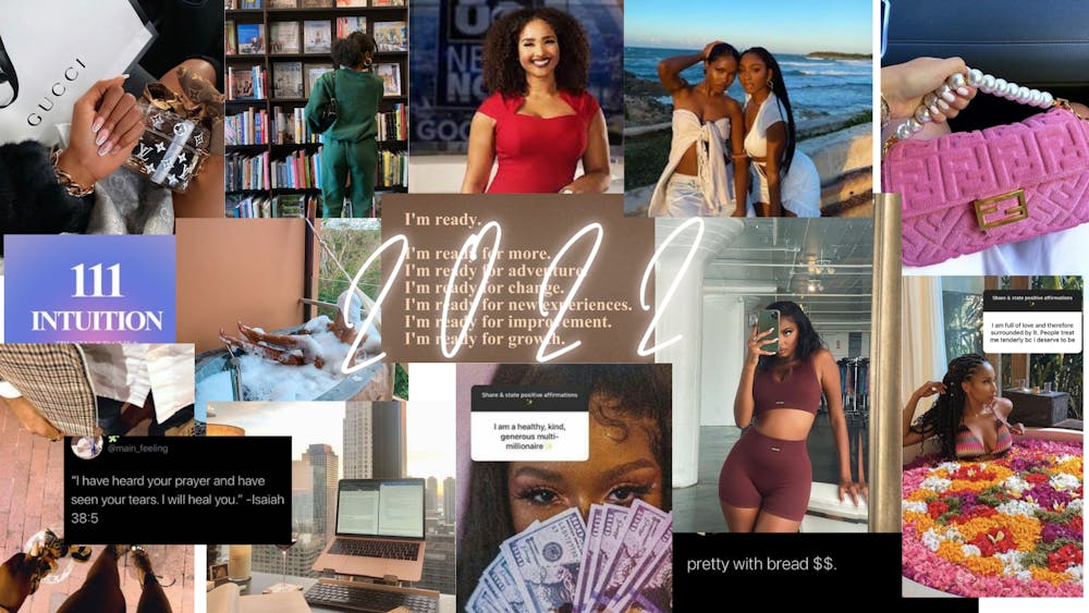 A vision board created by Amani Gates on December 31, 2021 is seen. The vision board depicts a collage of images and ideas that she wants to accomplish in the new year.