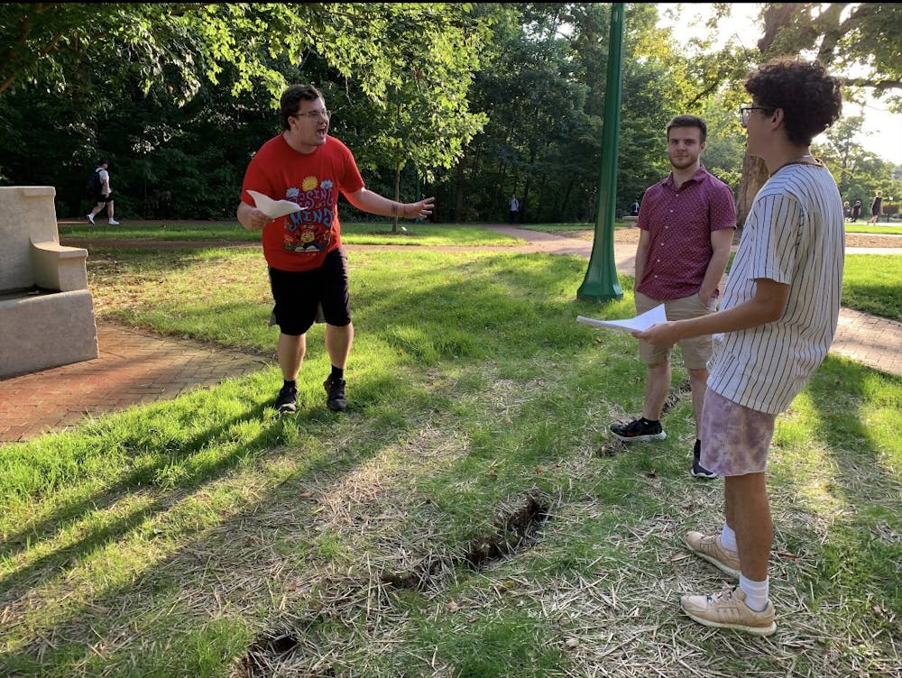 <p>Students rehearse a play Sept. 21 outside of Maxwell Hall. IU Theatre will premiere the first Micro Theatre Festival that features 24 new plays by 24 undergraduate Intro to Playwriting students at 2:00 p.m. on Saturday in Maxwell Hall.﻿</p>