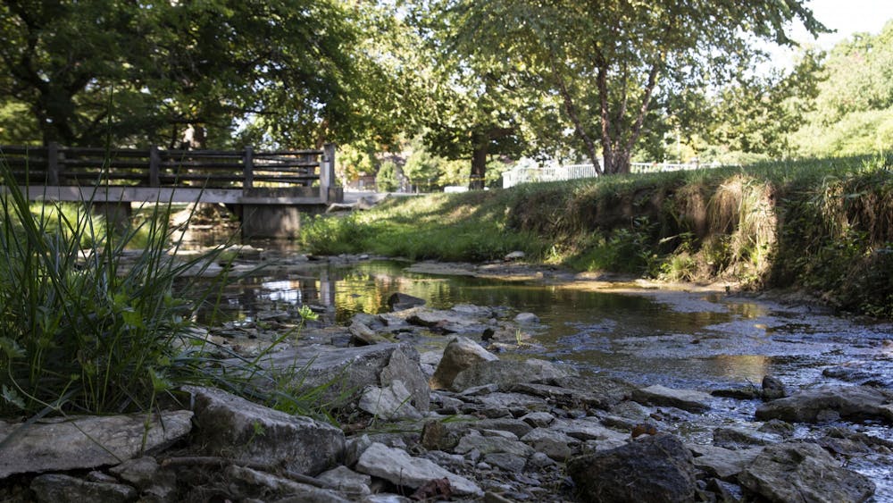 Water flows between rocks Sept. 24 in the Jordan River. The IU Board of Trustees voted 8-1 Friday to rename the sites on IU-Bloomington’s campus honoring former IU president David Starr Jordan.