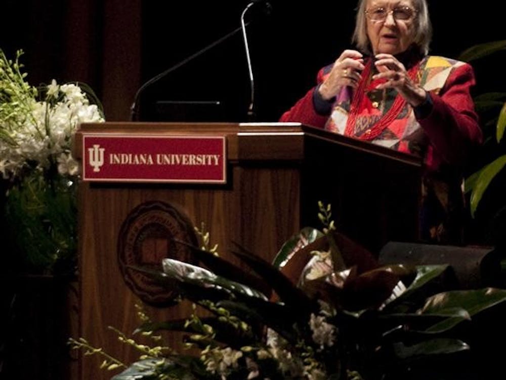 Distinguished Professor Elinor Ostrom presents an updated version of her Nobel Prize lecture to an audience Feb. 16, 2010, at the IU Auditorium in Bloomington, Ind. Ostrom is the University's eighth Nobel Prize recipient.