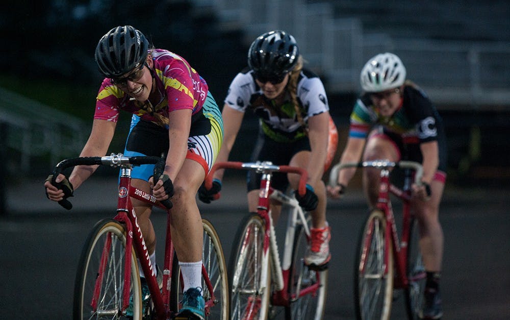 Alpha Omicron Pi competes during Team Pursuit on Sunday at Bill Armstrong Stadium.