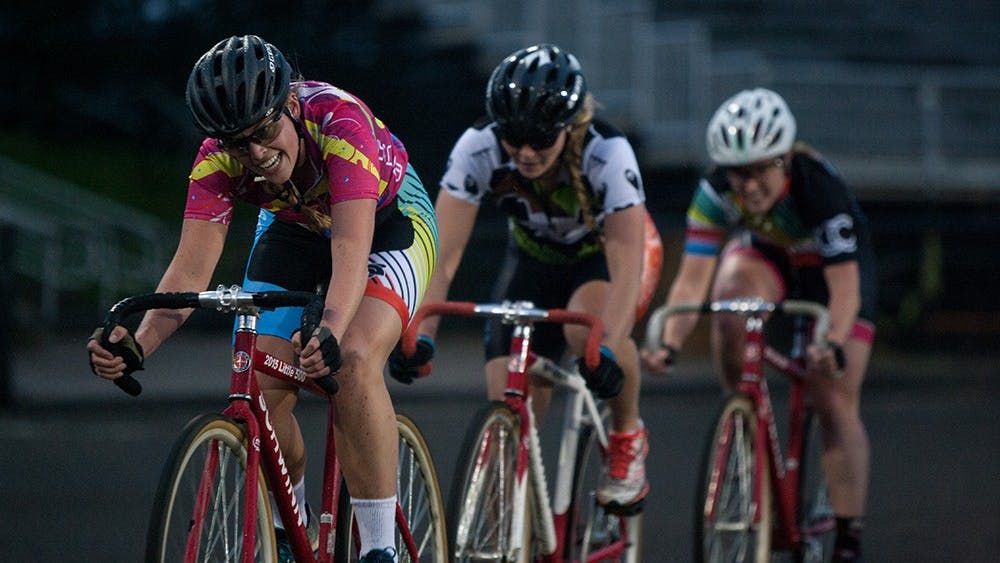 Alpha Omicron Pi competes during Team Pursuit on Sunday at Bill Armstrong Stadium.