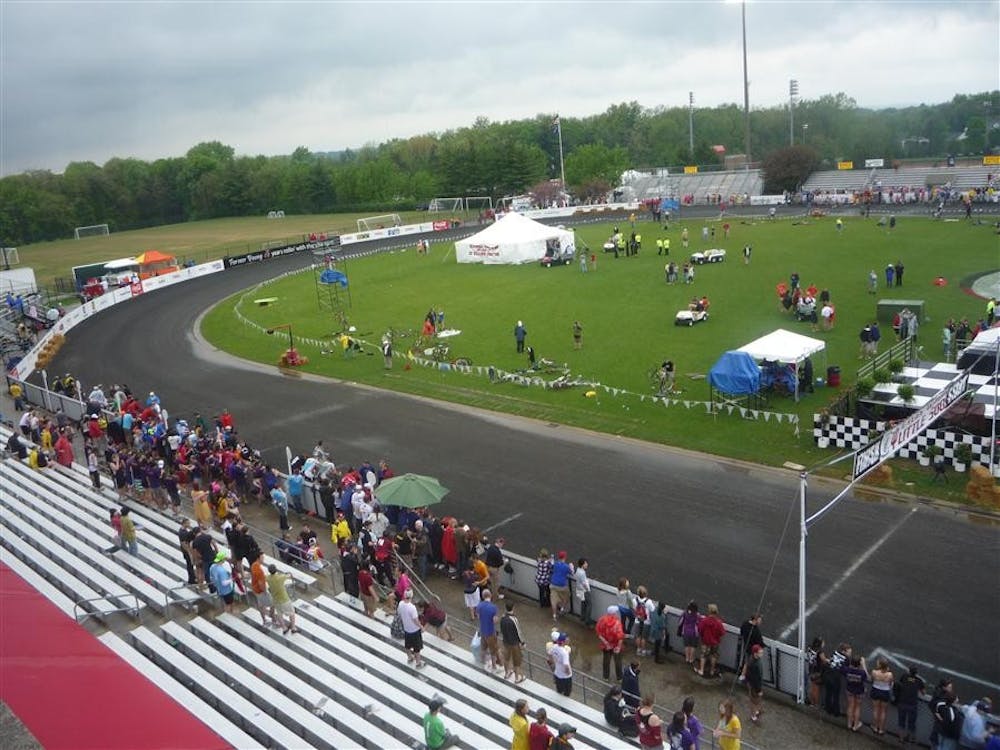 The stands are empty minutes before the 4:12 p.m. re-start of the 2010 men's Little 500 race. Thunderstorms lead officials to wave the red flag at lap 104, with Cutters in the lead.