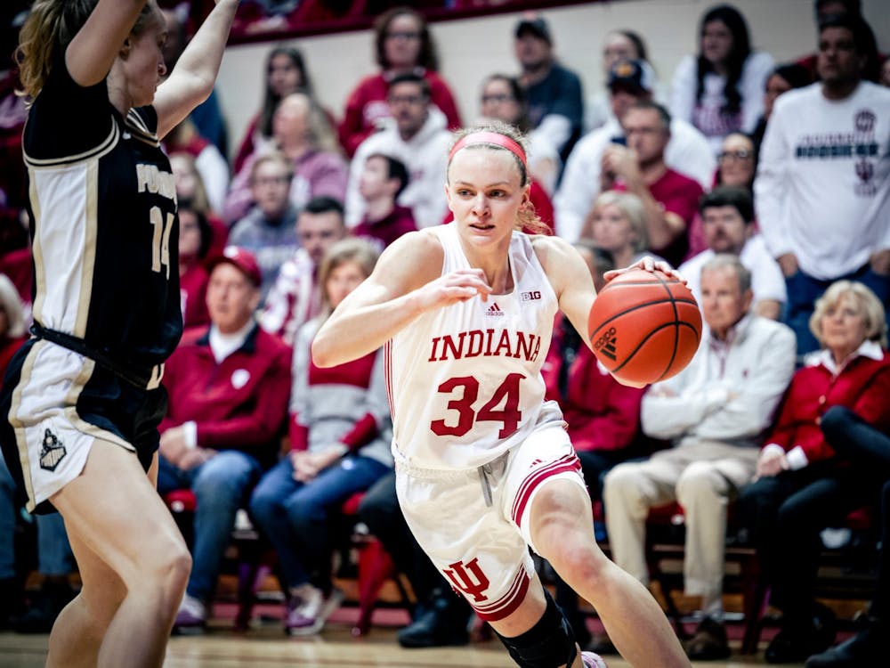 Graduate guard Grace Berger drives to the basket Feb. 19, 2023, at Simon Skjodt Assembly Hall in Bloomington. Berger is a consensus projected first-round pick in the WNBA Draft.