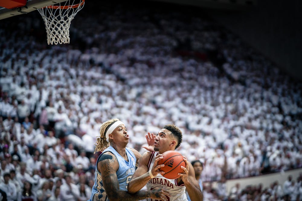 <p>Senior forward Trayce Jackson-Davis looks to take a shot Nov. 30, 2022 at Simon Skjodt Assembly Hall in Bloomington, Indiana. Indiana men&#x27;s basketball led the Big Ten Conference in attendance this past season. </p>