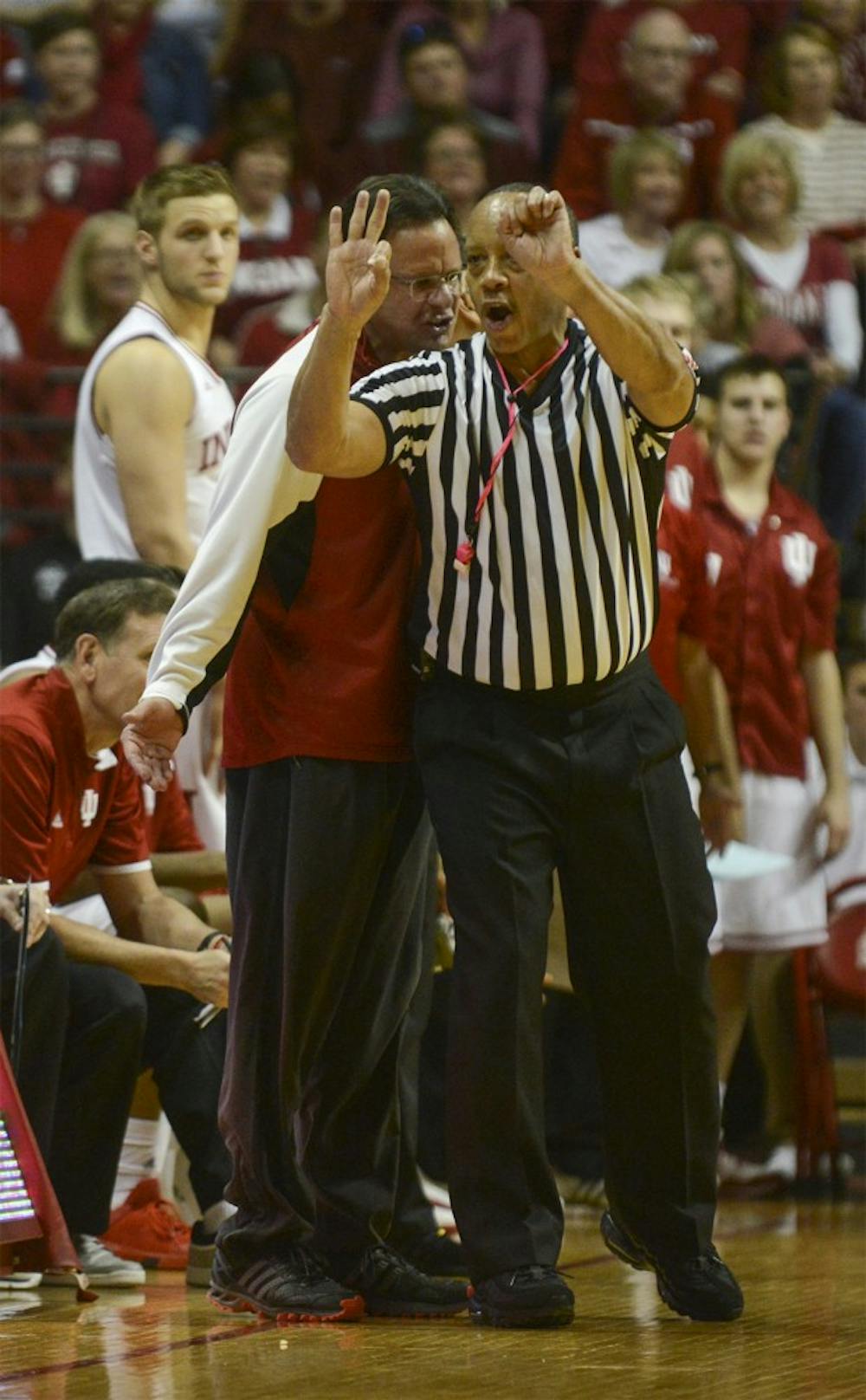 Coach Tom Crean yells at the referee after a foul was called on junior forward Collin Hartman during the game against Minnesota on Saturday at Assembly Hall.