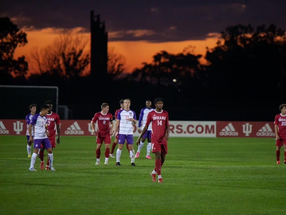 Then-junior forward Maouloune Goumballe awaits University of Evansville&#x27;s goal kick Oct. 20, 2021, at Bill Armstrong Stadium. The Hoosiers will face University of Notre Dame Saturday at 8 p.m.