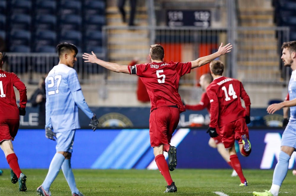 <p>Former IU men's soccer player Grant Lillard celebrates after the Hoosiers scored against the University of North Carolina during the NCAA semifinal game on Dec. 8 at Talen Energy Stadium in Chester, Pennsylvania. Lillard was one of three IU athletes to be named IU Athletes of the Year on Monday.</p>