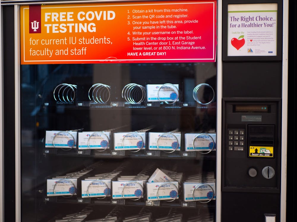 <p>A Covid-19 test vending machine is seen Feb. 7, 2023, in the McNutt dining hall. Tests from the machines are free to all IU students, faculty and staff.</p>