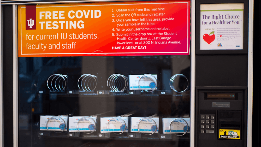 A Covid-19 test vending machine is seen Feb. 7, 2023, in the McNutt dining hall. Tests from the machines are free to all IU students, faculty and staff.