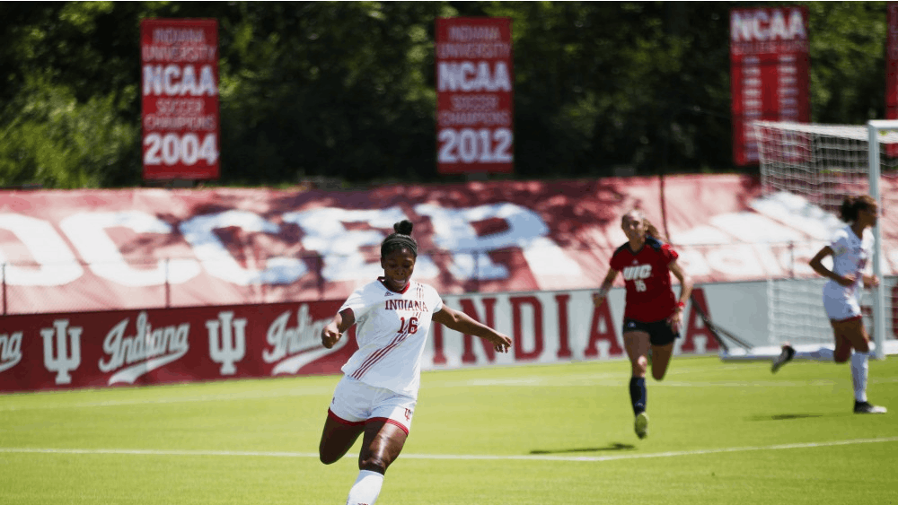 Freshman Bria Telemaque prepares to kick the ball down the field Aug. 25 at Bill Armstrong Stadium. IU beat the University of Illinois at Chicago 1-0.