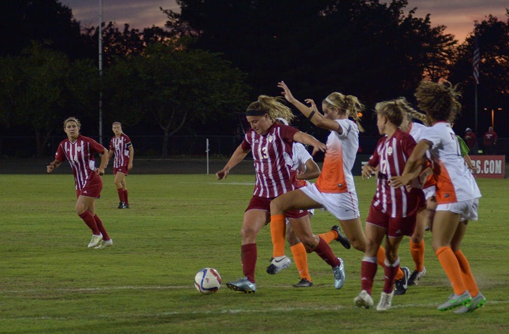 Freshman(13) forward Maya Piper plays against Virginia Tech at Bill Armstrong stadium on Sunday. Virginia Tech defeated IU 1-2. 