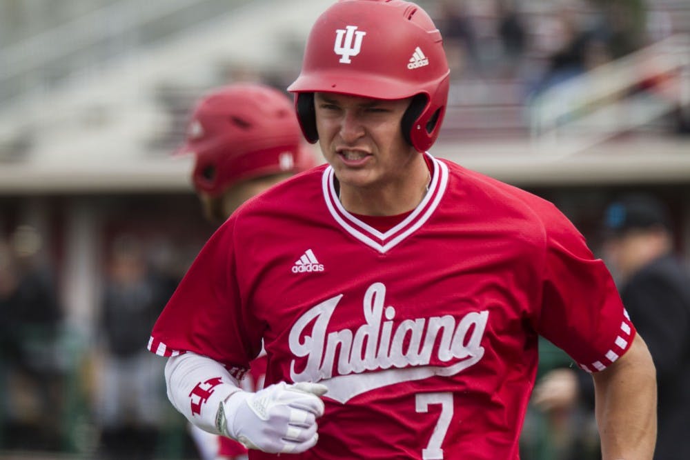<p>Then-sophomore Matt Gorski scores the second run for IU after a teammate hits a line drive out against Purdue during the 2018 season.</p>