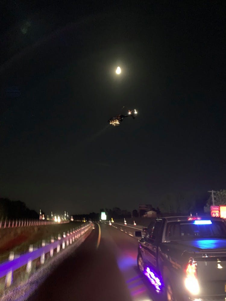 An IU Health LifeLine helicopter flew a 21-year-old passenger to a hospital near Indianapolis, according to the Monroe County Sheriff’s Office. He broke his leg and experienced head trauma.