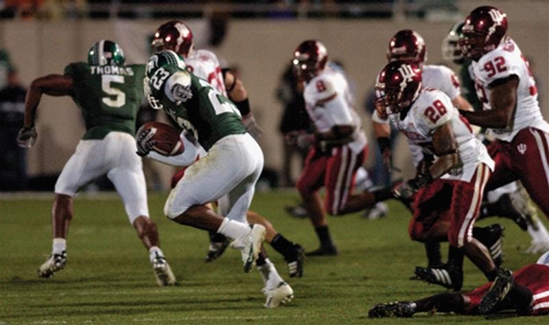 Michigan State senior running back Javon Ringer runs downfield during MSU's 52-27 victory against IU on Saturday, October 13, 2007 at Spartan Stadium in East Lansing, MI.  Ringer rushed for 203 yards and two touchdowns.