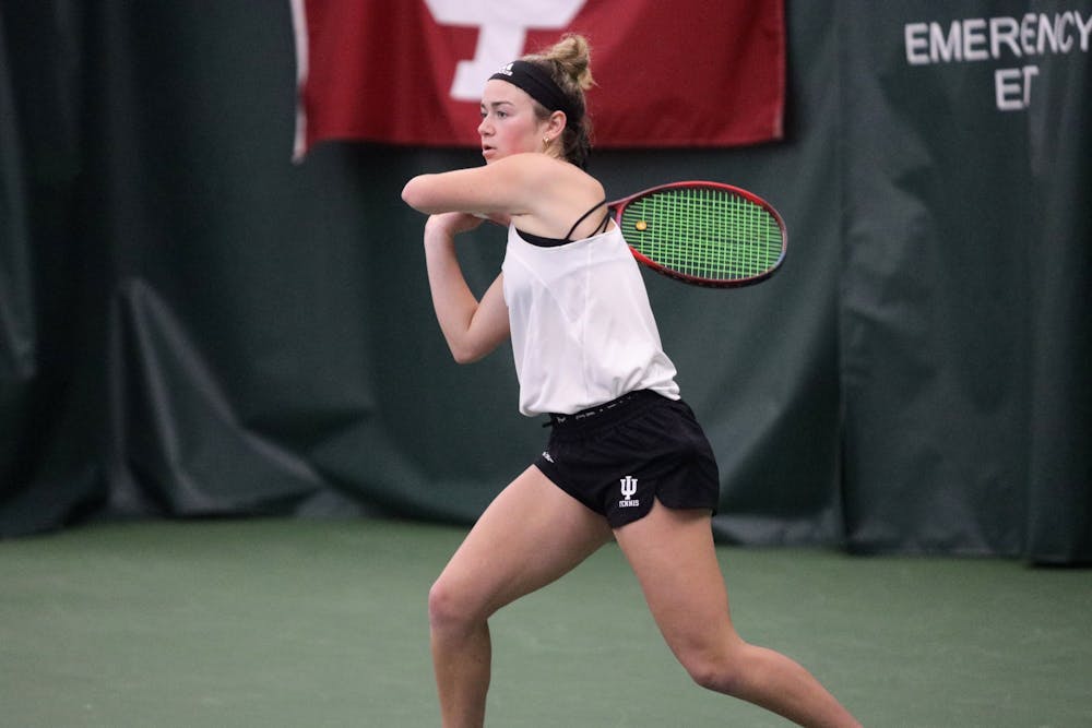 <p>Freshman Lara Schneider competes in a singles match against Penn State on April 8, 2022 at the IU Tennis Center. Indiana will conclude its season at the Big Ten Tournament from April 27 toMay 1 in Iowa City, Iowa.</p>